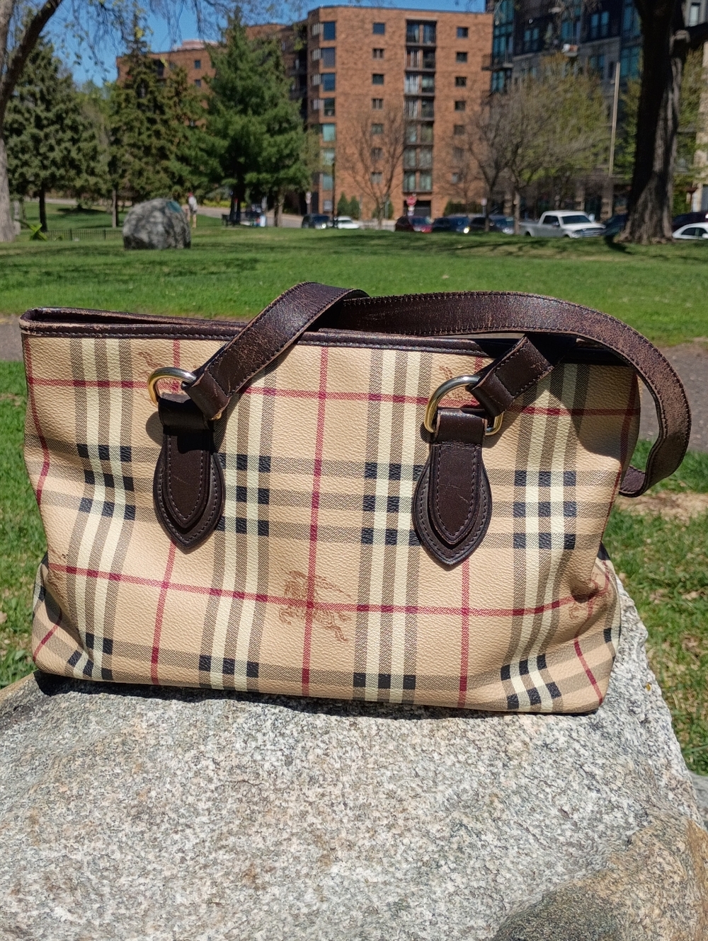 Burberry Haymarket Check Tote with Dark Brown Leather Handles